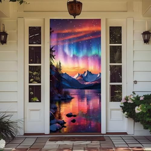 Treer Cubierta de Puerta Decoración, Decoración de Bandera Colgante de Fondo Cubierta de Puerta para Porche, Exterior Interior, Fiesta, Navidad, Halloween, Hogar Casa (Aurora,90 * 210cm)