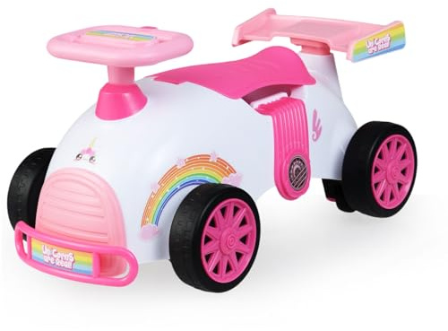 COSTWAY Rutschauto, Rutschfahrzeug im rosa Einhorn-Design, Kinderfahrzeug mit Musik & Stauraum unter dem Sitz & Universalrollen, Rutscher Auto für Kinder ab 1 Jahr (Rosa + Weiß)