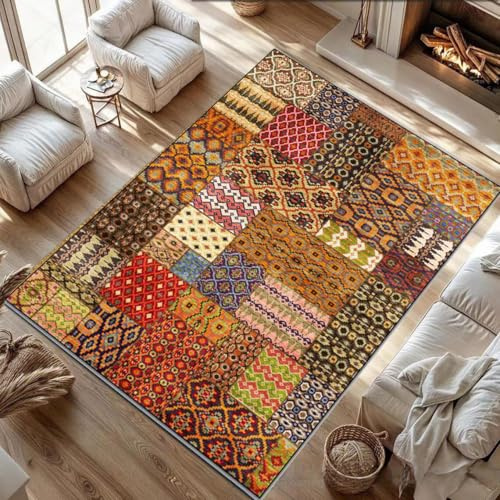 Alfombra grande de retazos, 200 x 200 cm, antideslizante, lavable a máquina, pelo corto, alfombra vintage para sala de estar, entrada, oficina, escritorio, mesita de noche, dormitorio, geométrico