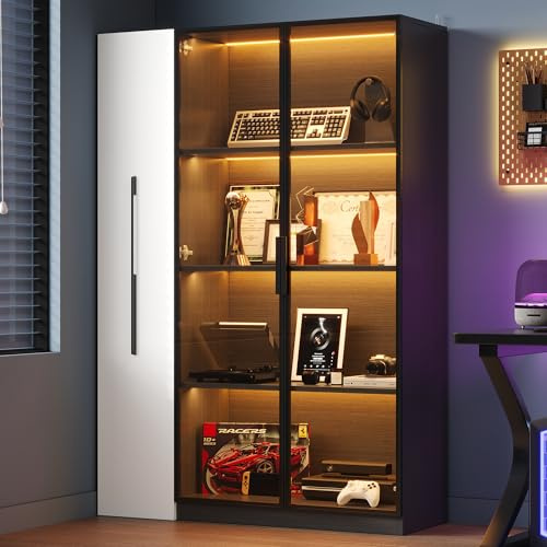 FAYICIC Multifunzionale Armadio 110,5×35×160 cm - Vetrinetta con Porta in Vetro e LED, Estrazione Laterale, Armadio a Ruote Bianco e Nero, Mobile Alto, Libreria, Armadio per Bagno, Credenza per (B)