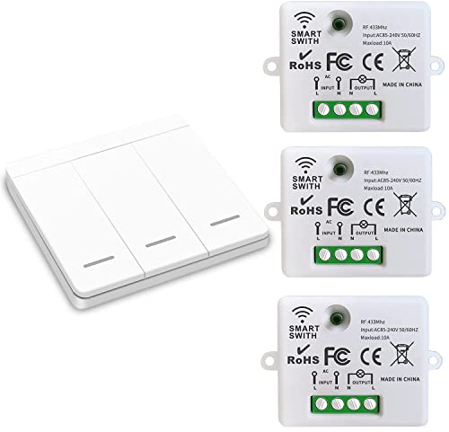 DOMO-MATIC Interruptor de Luz Inalámbrico con Receptor de Relé 10A, RF 433MHz, Negro, Fácil Instalación, para Luces hasta 1500W (3 Receptores y 1 pulsador)