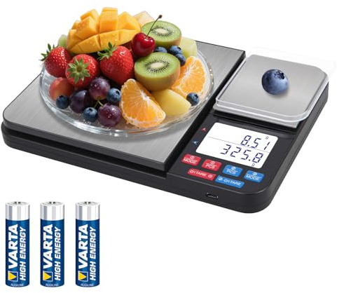 Bilancia da Cucina Digitale con Doppia Piattaforma,10kg/1g & 500g/0.01g, Acciaio Inox et Display LCD con 7 Unità, Funzione di Conteggio e Tara, Bilancia da Cucina per Cucina,Cottura