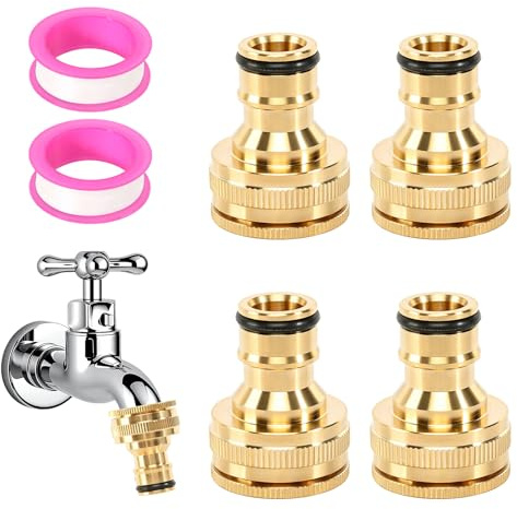 Gyism Set 4 Raccordi in Ottone per Tubo da 1/2 e 3/4 Pollice, Adattatore Rubinetto 2 in 1 con 2 Nastri Sigillanti, per Tubo da Giardino e Pistola Irrigazione