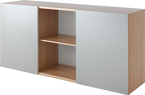 bümö Schwebetürenschrank, Sideboard Nussbaum/Silber - Büromöbel Sideboard Holz 160cm breit, 42cm schmal, Büro Schrank mit Schwebetür für Flur oder als Wohnzimmer-Kommode
