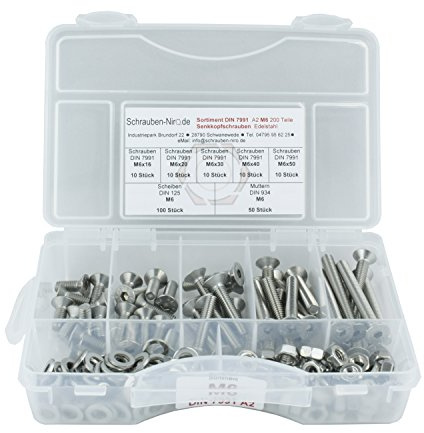 Sortiment DIN 7991 / ISO 10642 Edelstahl A2 Durchmesser M6, 200 Teile ; Senkkopfschrauben/Innensechskantschrauben, Material VA V2A