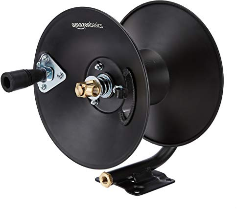 Amazon Basics Retractable Air Hose Reel - Fits 3/8-Inch 50-Feet Air Compressor Hoses, Portable, Works Well, 300PSI, Black, Hoses Excluded, Not for Water/Pressure Washers