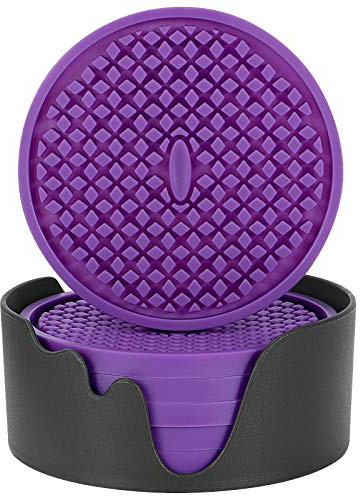 ME.FAN Silicone Coasters [6 Pack] Thickened Drink Coasters with Holder - Cup Mat - Non-Slip, Non-stick, Stay Put, Deep Tray - Prevents Furniture and Tabletop Damages(Deep Purple)