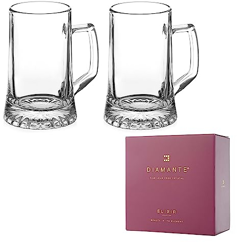 DIAMANTE Beer Tankards Pair – Beer Mugs Made from Bulky Durable Glass - Set of 2