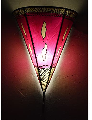 Wall Sconce Light Fixture Decorative Henna Goat Skin Handmade Magenta