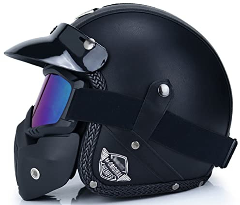 Retro Jet Motorradhelm Mit Maske Und Brille Vintage Helm Mit Offenem Gesicht 3/4 Motorradhelm Für Erwachsene Abnehmbare Krempe ECE Zugelassener Mopedhelm Für Männer Frauen B,L=(59-60CM)