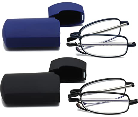 Hubeye 2 Paar Faltbare Lesebrille Mini Tragbare Lesehilfe aus Edelstahl mit Hartschalen-Etui Anti-Blau Sehhilfe für Herren und Damen 2.00
