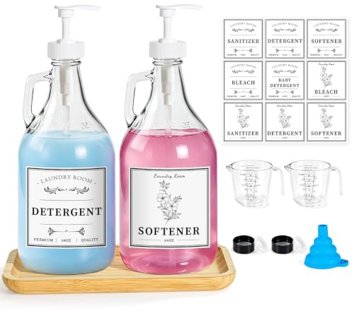 LIKAJON Glass Laundry Detergent Dispenser, Liquid Laundry Soap Dispenser for Laundry Room, 64oz Detergent Bleach Softener Dispenser for Farmhouse Decor, includes Pumps, Funnel, Labels and Bamboo Tray