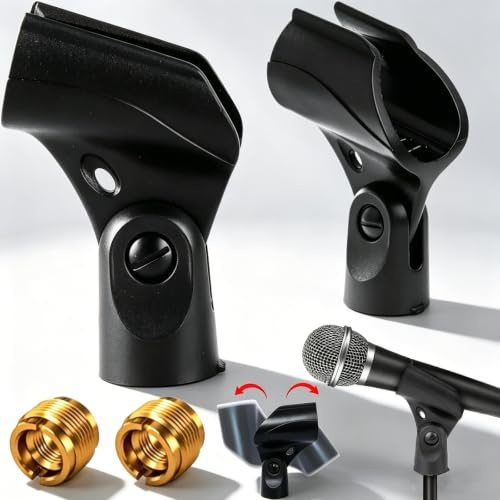 Norhogo 2 Pack mic clips for stands, Universal Microphone Clip Holder, Black Microphone Mic Clip Holder Comes with 5/8 Male to 3/8 Female Screw Adapter Suitable for Larger Handle Microphones