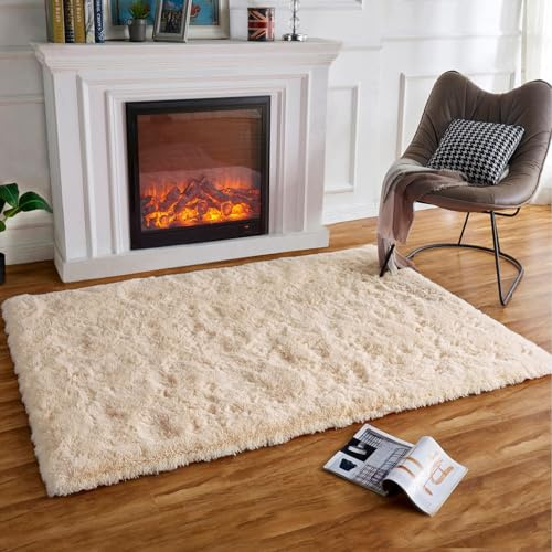 HARESLE Flauschige Teppiche, Beige Teppich für das Wohnzimmer, Superweiche Hochflorige Dicke Plüsch Teppiche für das Schlafzimmer, Kinderzimmer (Beige/140×200 cm)