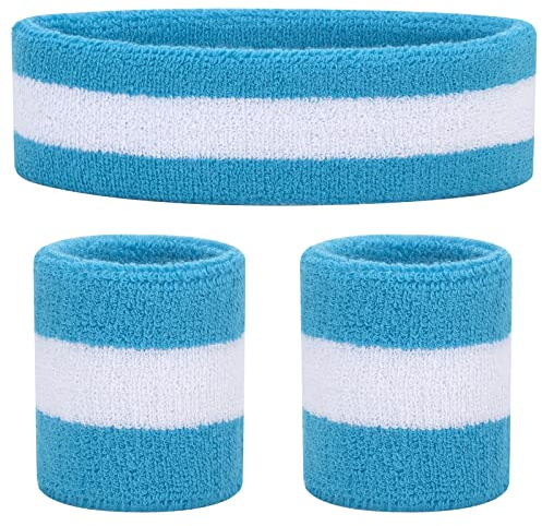 ONUPGO Kids Sweatbands Set - Athletic Cotton Baby Headband and Wristbands for Children Toddlers Babies (Sky Blue, White) (1 Headband + 2 Wristbands)