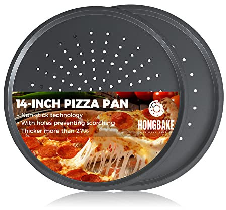 HONGBAKE 14.8 Inch Pizza Pan with Holes, 2 Pack Non-Stick Pizza Pan for Oven, Carbon Steel Perforated Pizza Tray, Crispy Pizza Set, Round Baking Sheet for Frozen & Homemade Pizza, Grey