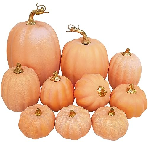 Winlyn 10 Pcs Assorted Artificial Orange Pumpkins Decorative Pumpkins Faux Light Orange Pumpkins Foam Pumpkins for Fall Harvest Autumn Wedding Thanksgiving Halloween Table Centerpiece Mantel Décor