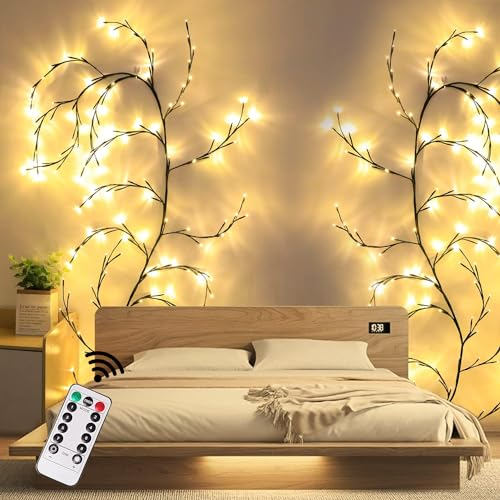 KIYTARBOO DIY Willow Vine Beleuchtete Weidenrebe Baum Lichter Zweige Lichter mit Fernbedienung Timer 144LEDs Lichterketten für Weihnachten Schlafzimmer Tür Wanddeko 4.3M Indoor Warmes Licht Schwarz