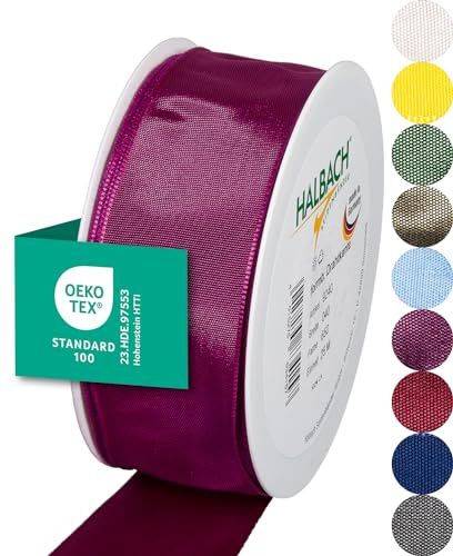 Halbach Geschenkband mit Drahtkante, 40 mm x 25 m, berry | Taftband mit formbarer Drahtkante aus 100% Acetat, Made in Germany, Öko-Tex 100 zertifiziert, wetter-/wasserfest