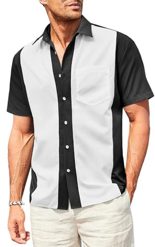 Elegancity Herren Klassische Kurzarm Hemd, Zweifarbig Gestreiftes Bowlinghemden Knopfverschluss Hawaiihemd Sommerhemd