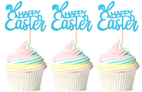 Blumomon 24 Stück Glückliche Ostern Cupcake Toppers Blauer Glitter Hasen Ohr Cupcake Picks Glückliche Ostern Theme Party Kuchen Dekorationen Supplies