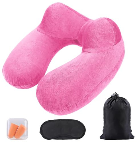 AiQInu Cuscino da Viaggio Gonfiabile,Cuscino da Viaggio Collo da Compatto con Federa Lavabile, Inclusa Tappi per le Orecchie, Maschera e Borsa per Trasporto Perfetto per Aereo Auto Ufficio