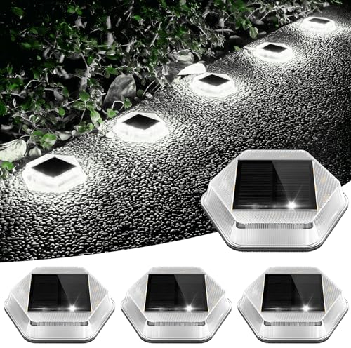 NATPOW Solar Deck Lights, Dusk Till Dawn Outdoor Lights, Cool White Ground Lights, Waterproof Step Light, LED Disk Lighing for Garden Sidewalk Runway Fence Patio Pathway 4Pack