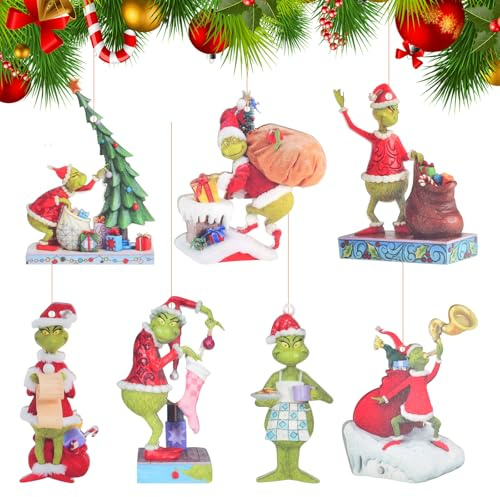 7 Stück Gri-nch Weihnachtsschmuck Deko, Lustige Weihnachtsbaum Hängende Ornament 2D Acryl Figur Baumschmuck mit Schnur Anhänger Geschenkanhänger für Party Fenster Drinnen und Außen