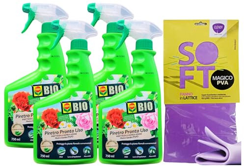SET: 4xDetergente Spray Insetticida a Rapida Azione, PIRETRO PRONTO USO. Protegge Le Piante Floreali e Ornamentali, Di Origine Naturale 750ml + Panno In Lattice SOFT, Formato 30x30