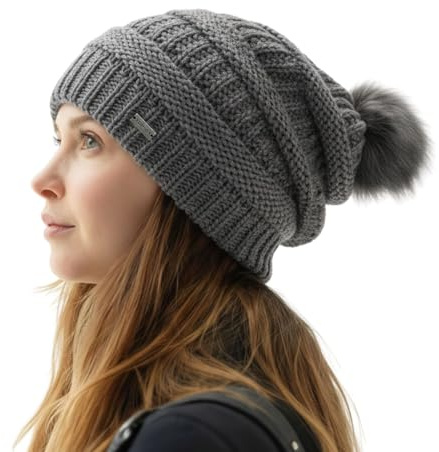 TOP-EX Damen Wintermütze 100% Wolle Grobstrick Beanie mit Kunstfell-Bommel | Schwerer Island-Strick, Fleece- oder Satinfutter, Stretchfit 56–62 cm, Kunstfell-Bommel, Pendeln, Wandern, Ski, Winterreisen