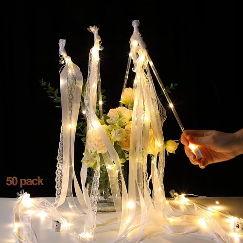 50 stück Wedding Wands Hochzeitsdeko mit LED Warmweiße Glowstick | Hochzeit Leuchtstäbe Set für Zauberstäbe Hochzeitsbändern Luftschlangen mit Glocke fur Hochzeiten Geburtstage Weihnachten