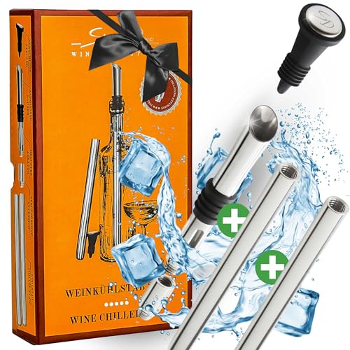 4-in-1 Weinkühlstab Premium Set 100% Edelstahl Ausgießer & 2x Kühlstäbe inkl. Verlängerung & Flaschenverschluss - Weinkühlstäbe für Weinflaschen mit Weinausgießer im Geschenkset für Weinliebhaber