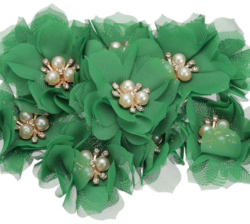 PATIKIL 10 Stück 2,36 Zoll Strass Perlen Chiffon Blume Hochzeit Party Grün | Nähen Stoff Applikationen, für DIY Handwerk Kleidung Stirnbänder, Dekoration