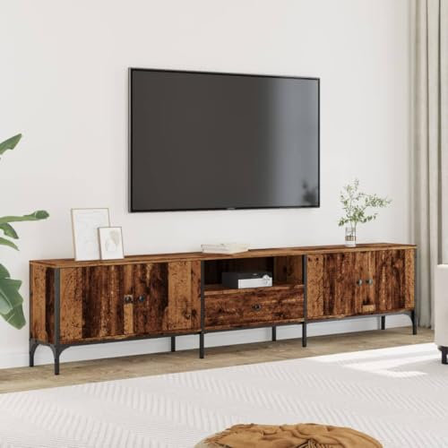 Rantry TV-Schrank mit Schublade, antikes Holz, 200 x 25 x 44 cm, Spanplatte, TV-Schrank, niedriger Schrank für TV, industriell, TV-Ständer, Wohnzimmer, Möbel