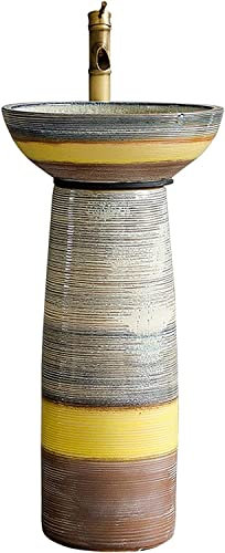 Keramik-Waschbecken im Industriestil, Standwaschbecken-Kombination, handgeschnitztes Kunst-Säulenwaschbecken, 80 x 41 cm, Keramikwaschbecken, bodenstehendes Badezimmerw(Green-PedestalBasin+faucetco)