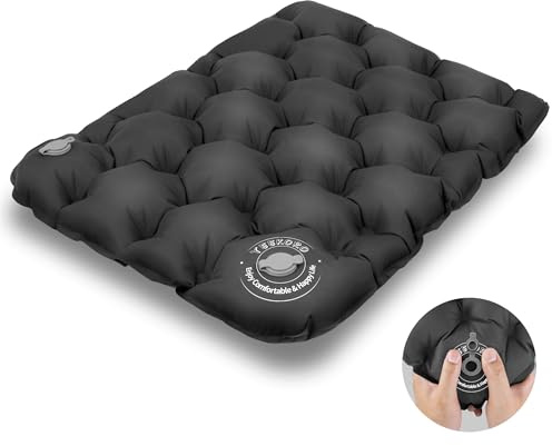 YEEKORO Inflatable Seat Cushion, Lightweight Camping Air Sitting Pad, Waterproof Air Seat Cushion, Portable Push-Press Seat Cushion for Airplane Travel Hiking Office Stadium Seat（Black）