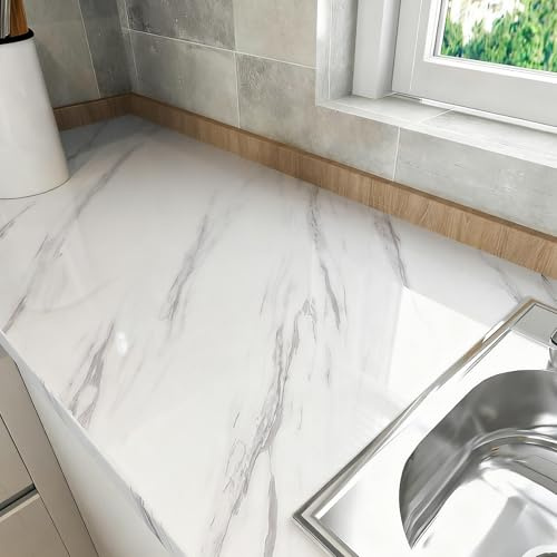 LaCheery Marmo Carta Adesiva per Mobili Bianca Lucida Cucina 40cm x 200cm Bianca Pellicola Adesiva per Mobili Marmo Vinile Rivestimento Adesivo Cucina PVC Impermeabile Pellicola per Armadio Tavolo