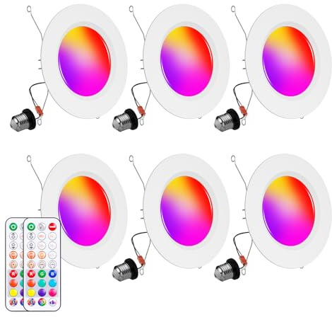 Recessed Lighting 5/6 Inch, 6Pack Color Changing LED Can Lights for Ceiling, 13W 1050LM Retrofit Recessed Lights with Baffle Trim, RGBCW Downlight Dimmable by Remote Control, Memory, Delayed Light Off