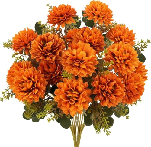 Fairblo 2 Stück Künstliche Blumen Herbstdeko Chrysanthemen Wie Echt Orange | Kunstblumen Herbst Deko Seidenblumen Kunstblumenstrauß Balkonpflanzen für Balkon Herbstblumen Vase Herbst Dekoration