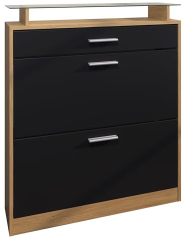 Vladon Schuhschrank Loret, Schuhkipper für 16 Paar Schuhe mit 1 Schublade, Schuhregal in Eiche Skandi/Schwarz matt (89 x 104 x 23 cm)
