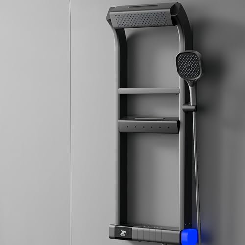 Pannello doccia a torre a LED con soffione a pioggia, getti corporei e ripiano per un'esperienza di lusso in bagno