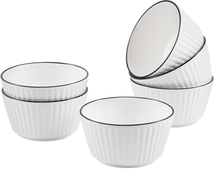 Winlauyet 6-Pack Vertical Striped Ceramic Bowls - 4.5 Inch/300ml Porcelain Bowl with a Rimmed Edge for Ice Cream, Desserts, Snacks - Stackable, Kid-Friendly, Easy to Clean in The Dishwasher