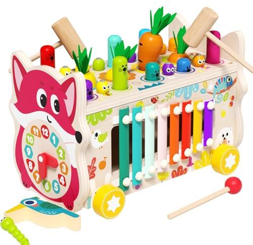 8-in-1 Montessori-Holzspielzeug für Kleinkinder, Xylophon-Spiel Hau den Maulwurf, Vorschulisches Lernspielzeug für Jungen und Mädchen