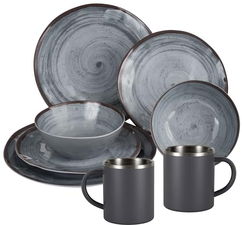 Melamin Geschirr Set Grau Edelstahl Thermo Tassen Tonoptik Picknick Camping