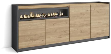 Skraut Home | Aparadores para salón | Gran Capacidad de almacenaje | 207x80x37 cm | 4 Puertas | Chimenea eléctrica | Estilo Moderno | Roble y Negro