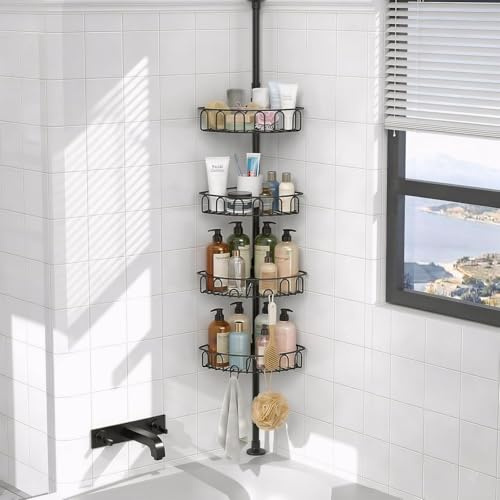 COSYLAND Rustproof Bathroom Corner Shower Caddy with Tension Pole – 4 Adjustable Shelves for Shampoo, Conditioner & Bath Accessories Storage, Fits 22 to 125 Inches Height (Black)