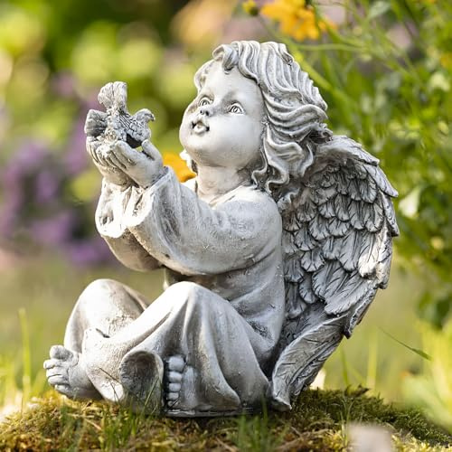 Dekoleidenschaft Figur Engel aus Polyresin, wetterfest, Engelfigur sitzend, 20 cm hoch, Weihnachtsdeko, Outdoor Gartendeko, Grabschmuck
