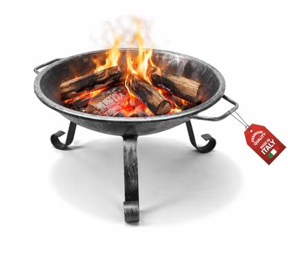 MOHOME Braciere da Giardino Esterno Ferro Battuto Ø 44 cm Made in Italy Nero Spazzolato con Maniglie Cesto Accendi Fuoco Portatile Terrazza Campeggio Riscaldamento Barbecue Brucia Legna per Camino