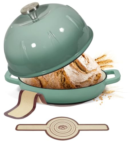 Davivy Forno olandese in ghisa smaltata per pane a lievitazione naturale, pentola olandese con coperchio a cupola – con fionda per pane, sale marino verde