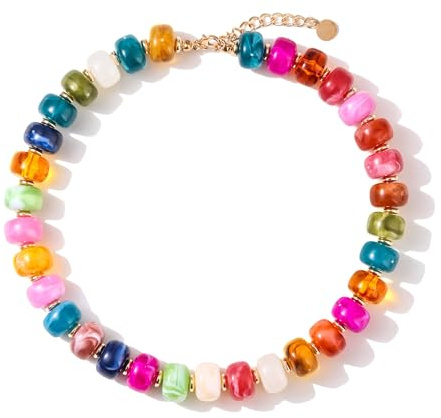 Zhuozatrfa Colorful Beaded Necklace for Women Unique Resin Beads Choker Necklaces Boho Statement Chunky Necklace Summer Vacation Jewelry